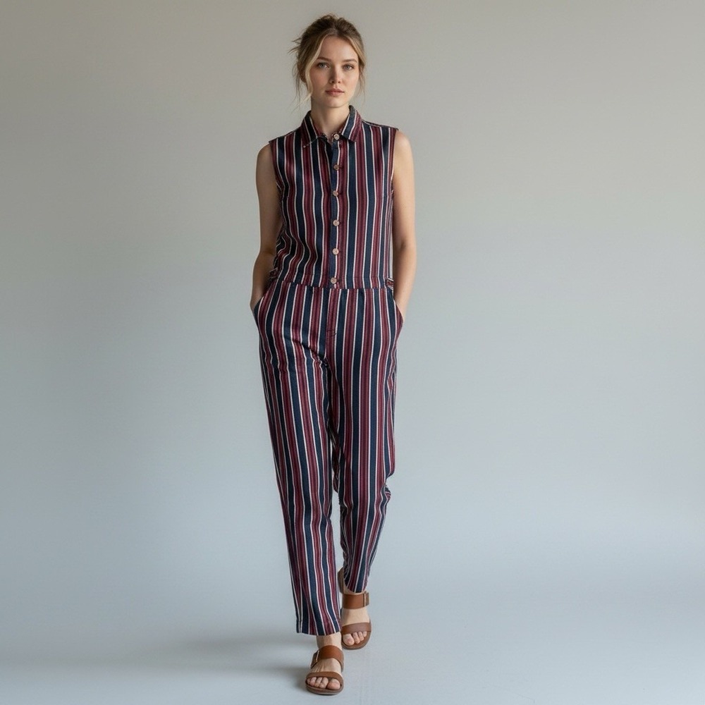 7 For All Mankind Striped Denim Italy Made Jumpsuit Spangled Wide Leg Romper M